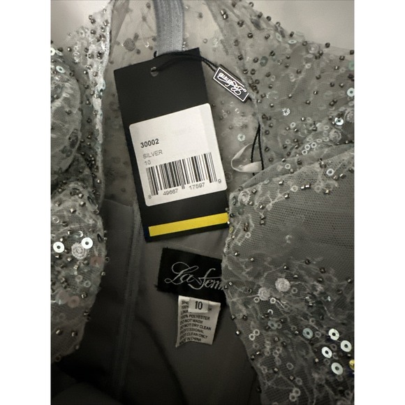 NWT $458 La Femme [ 10 ] 30002 Lace Beaded Short Midi A Line Dress Silver S2106 - Picture 5 of 13